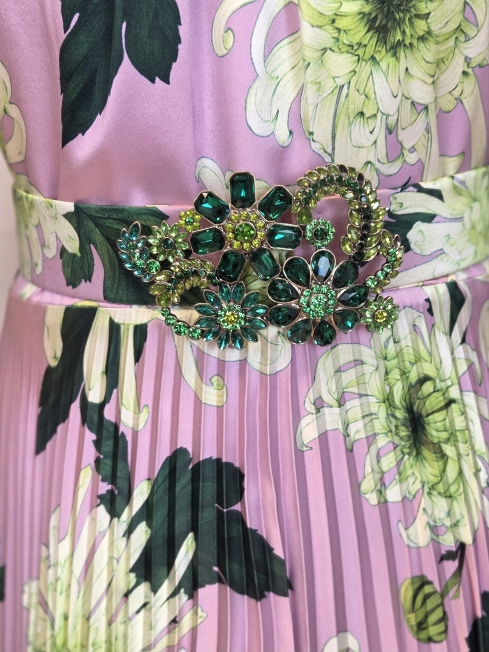 Andrew Gn Silk Floral Pleated Gown Embellished Belt Maxi Dress Luxury Designer - Picture 12 of 16